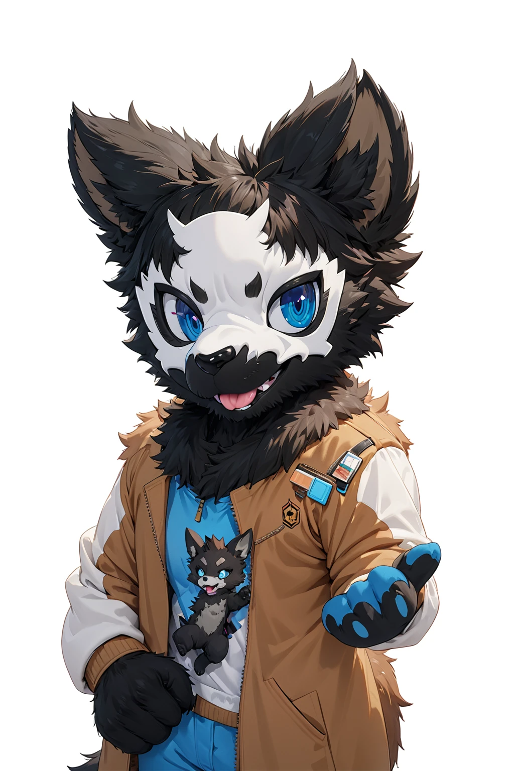 Black hair, Dark Skin, White Mask ,furry,make a fist, Pink tongue, Black nose, Black broken corner, fur garment, fur garment!!!!, hairy character, Full body mascot, hyena, SFW, macro hairy, hairy fursona, hairy, the hairy fur garment is running, Anthropomorphic coyote male, An anthropomorphic cyberpunk fox, hairy mawshot, hairy furaffinity, 8K, super detail, uhd, masterpiece, anatomically correct, ccurate, super detail, high details, high quality, best quality, highres, 16K