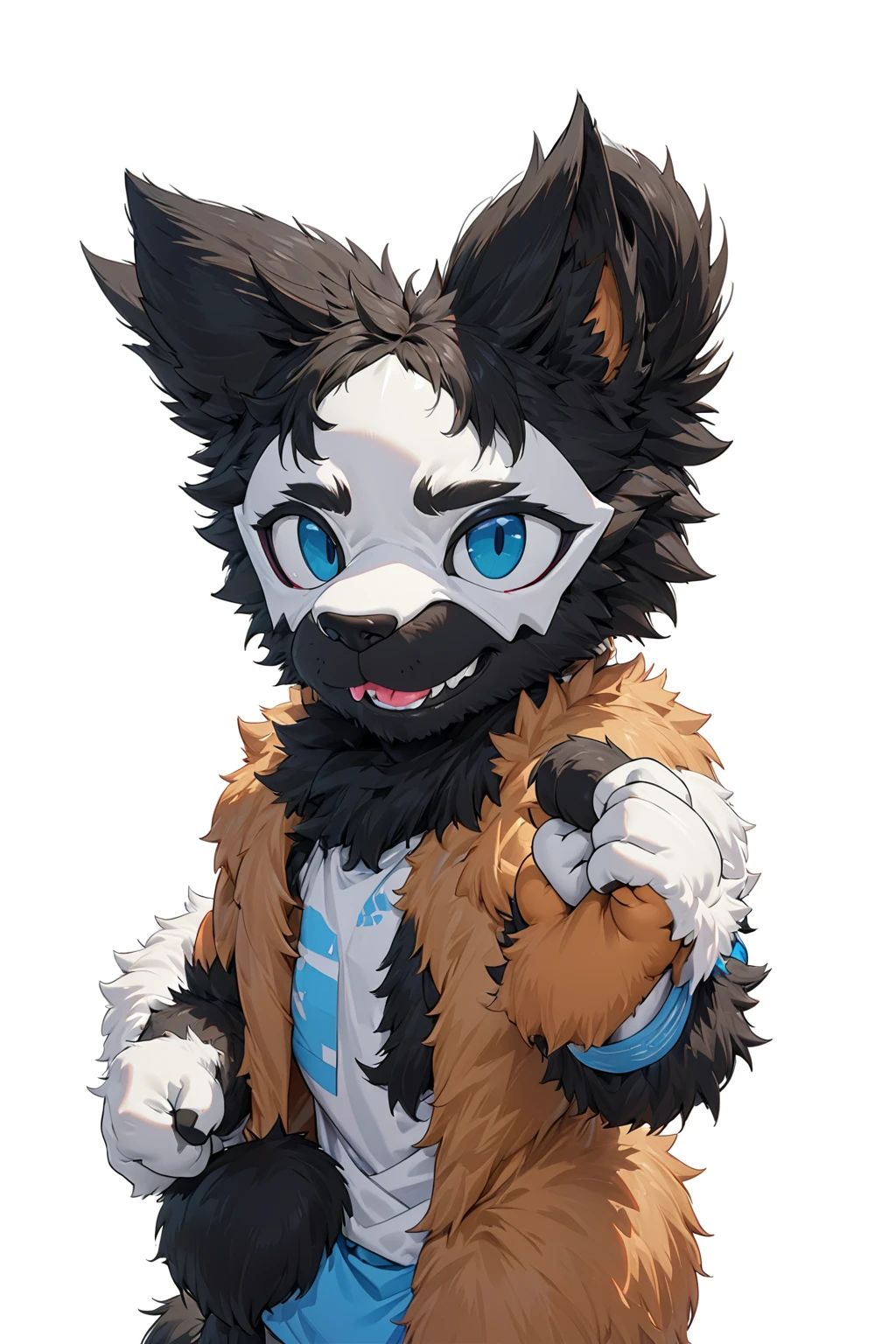 Black hair, Dark Skin, White Mask ,furry,make a fist, Pink tongue, Black nose, Black broken corner, fur garment, fur garment!!!!, hairy character, Full body mascot, hyena, SFW, macro hairy, hairy fursona, hairy, the hairy fur garment is running, Anthropomorphic coyote male, An anthropomorphic cyberpunk fox, hairy mawshot, hairy furaffinity, 8K, super detail, uhd, masterpiece, anatomically correct, ccurate, super detail, high details, high quality, best quality, highres, 16K