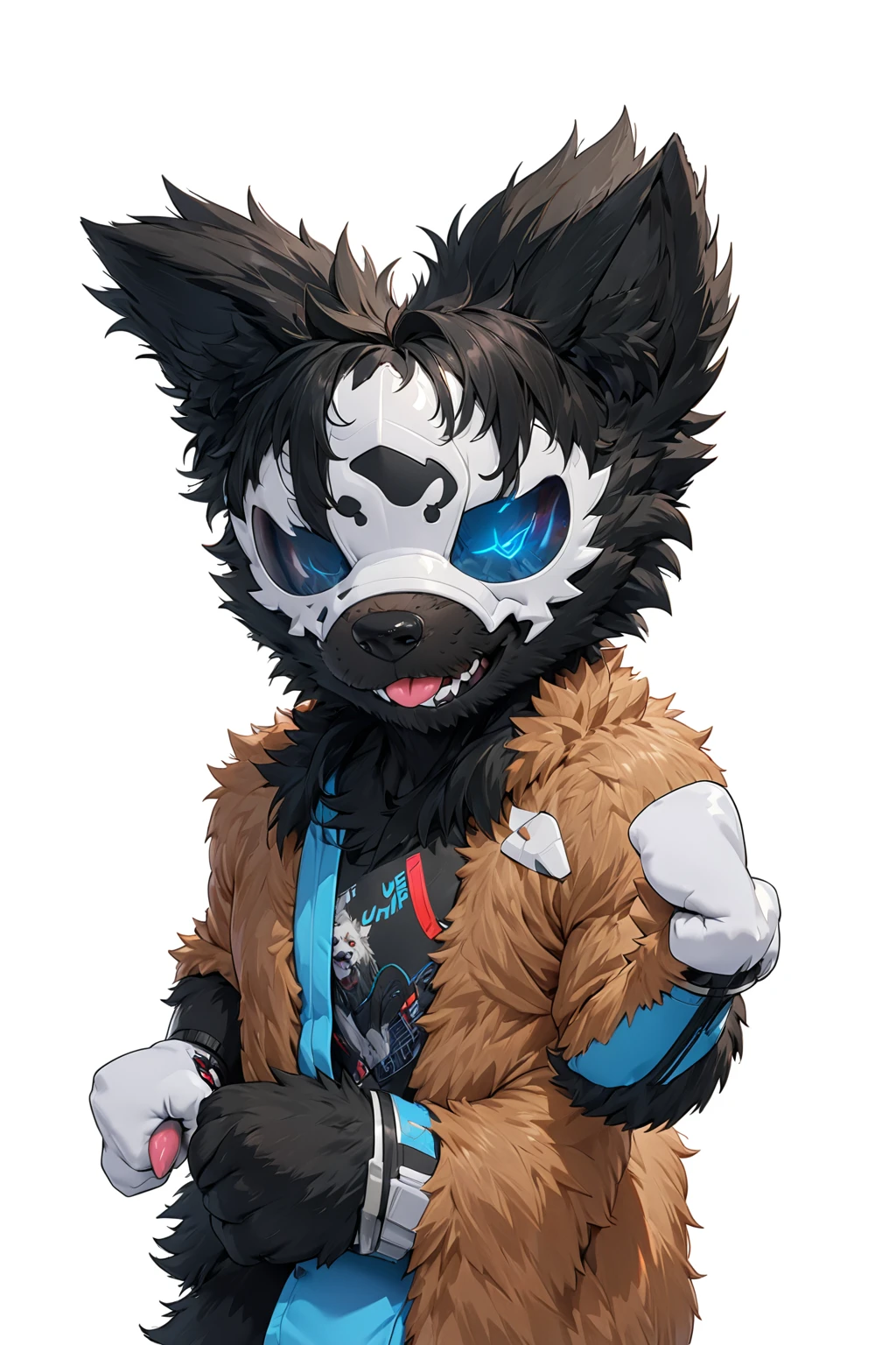 Black hair, Dark Skin, White Mask ,furry,make a fist, Pink tongue, Black nose, Black broken corner, fur garment, fur garment!!!!, hairy character, Full body mascot, hyena, SFW, macro hairy, hairy fursona, hairy, the hairy fur garment is running, Anthropomorphic coyote male, An anthropomorphic cyberpunk fox, hairy mawshot, hairy furaffinity, 8K, super detail, uhd, masterpiece, anatomically correct, ccurate, super detail, high details, high quality, best quality, highres, 16K