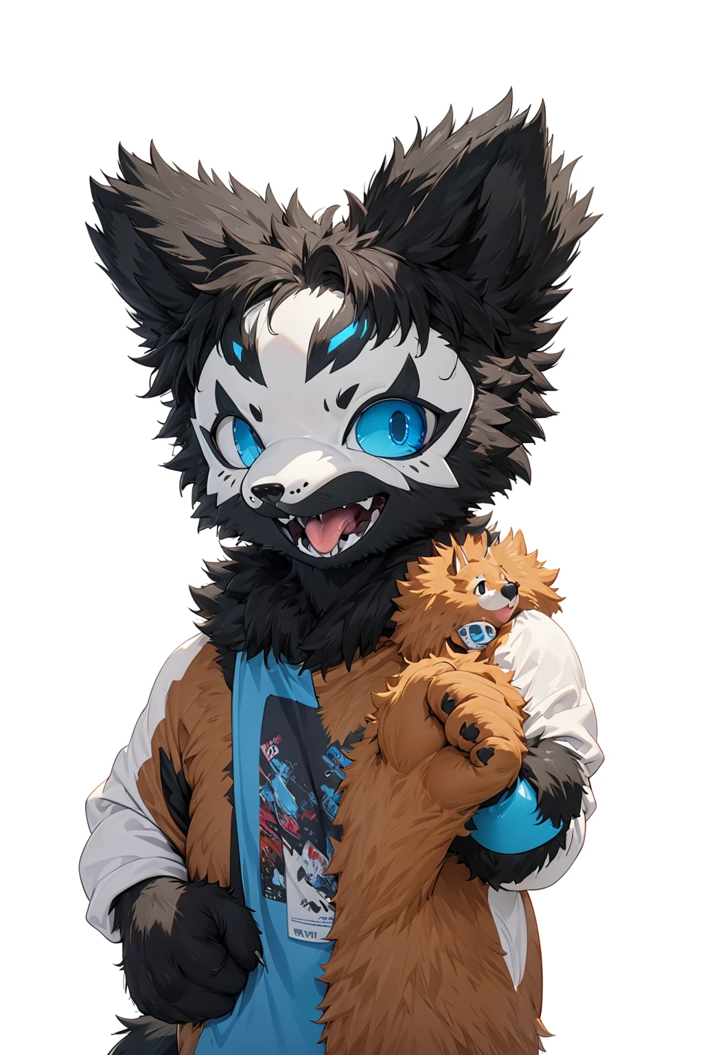 Black hair, Dark Skin, White Mask ,furry,make a fist, Pink tongue, Black nose, Black broken corner, fur garment, fur garment!!!!, hairy character, Full body mascot, hyena, SFW, macro hairy, hairy fursona, hairy, the hairy fur garment is running, Anthropomorphic coyote male, An anthropomorphic cyberpunk fox, hairy mawshot, hairy furaffinity, 8K, super detail, uhd, masterpiece, anatomically correct, ccurate, super detail, high details, high quality, best quality, highres, 16K