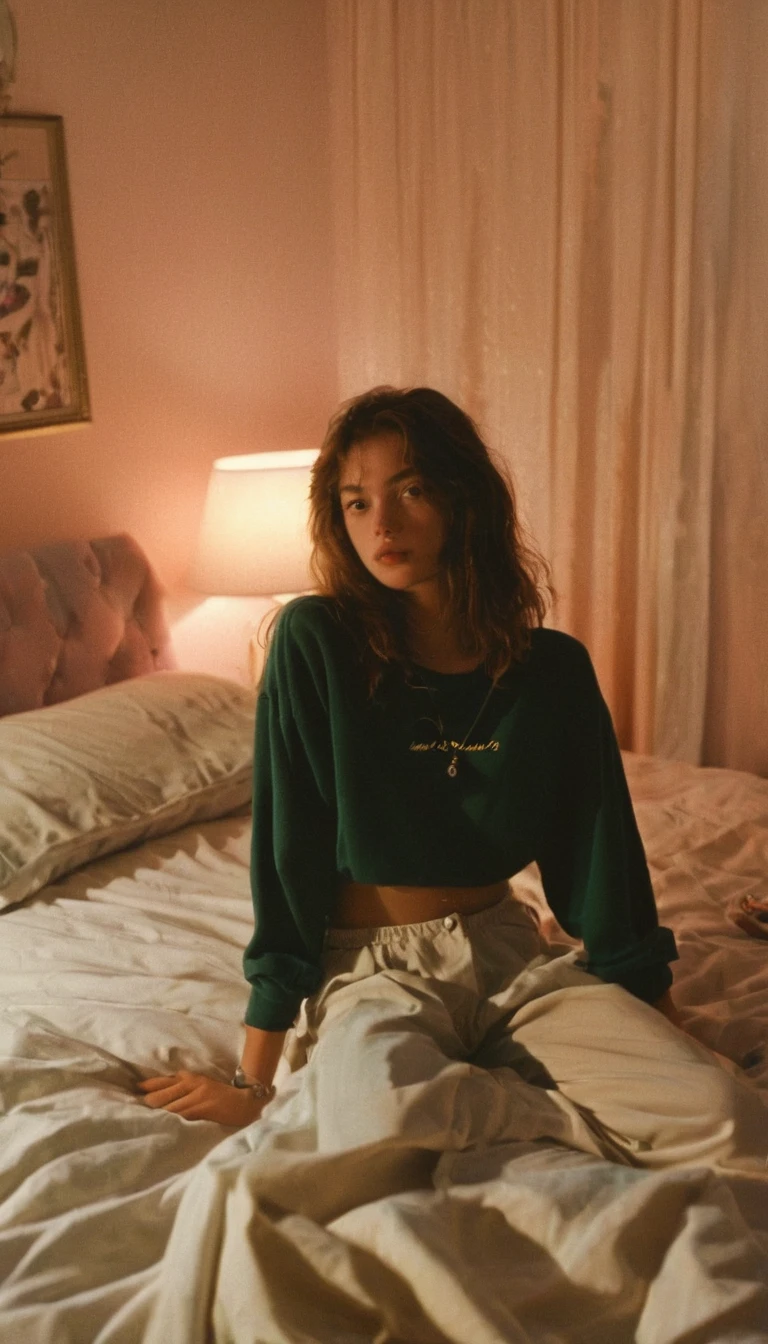 Bedroom, night, girl, aesthetic, looking at camera, 1990s, tumblr, photo