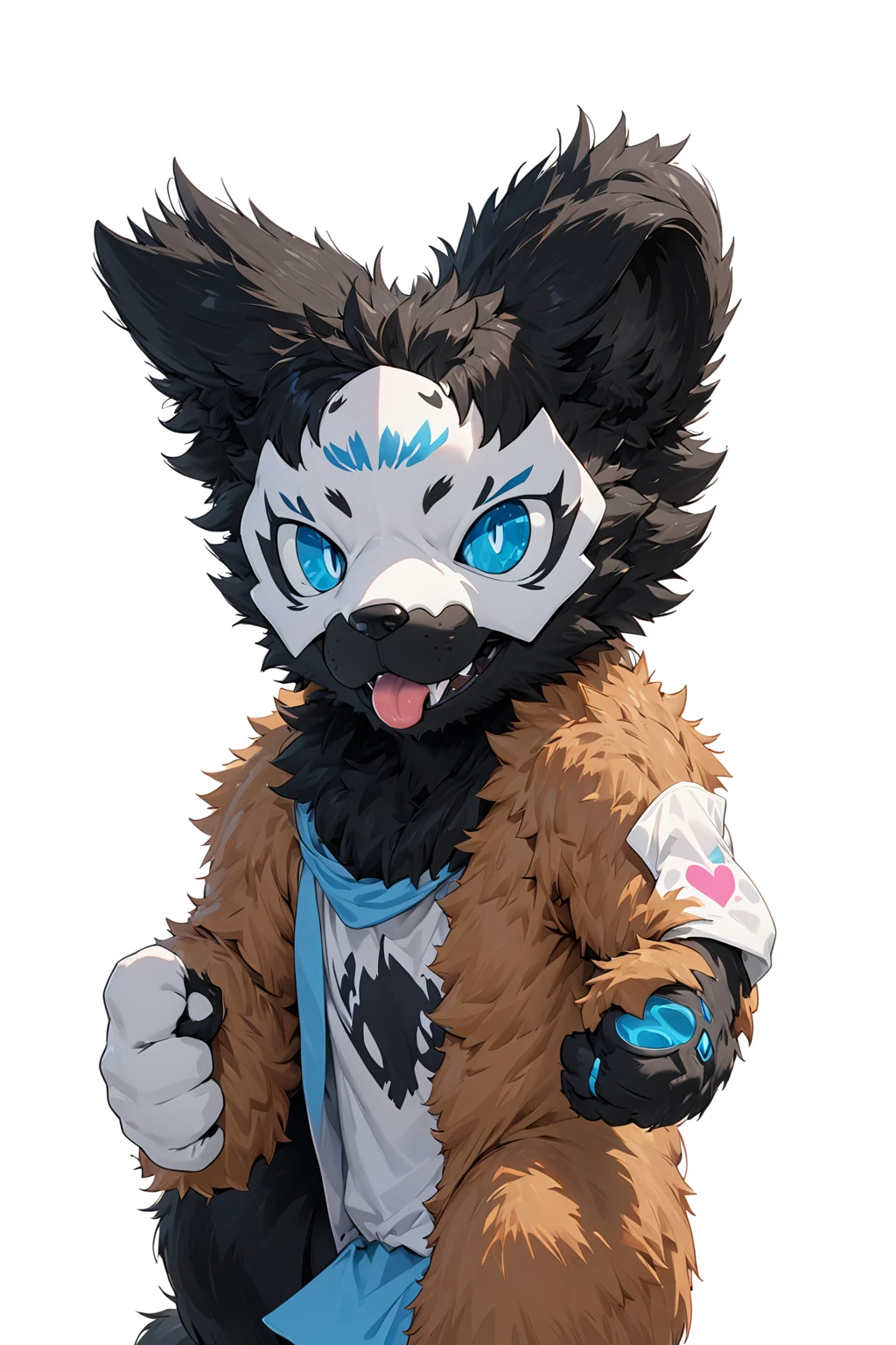 Black hair, Dark Skin, White Mask ,furry,make a fist, Pink tongue, Black nose, Black broken corner, fur garment, fur garment!!!!, hairy character, Full body mascot, hyena, SFW, macro hairy, hairy fursona, hairy, the hairy fur garment is running, Anthropomorphic coyote male, An anthropomorphic cyberpunk fox, hairy mawshot, hairy furaffinity, 8K, super detail, uhd, masterpiece, anatomically correct, ccurate, super detail, high details, high quality, best quality, highres, 16K