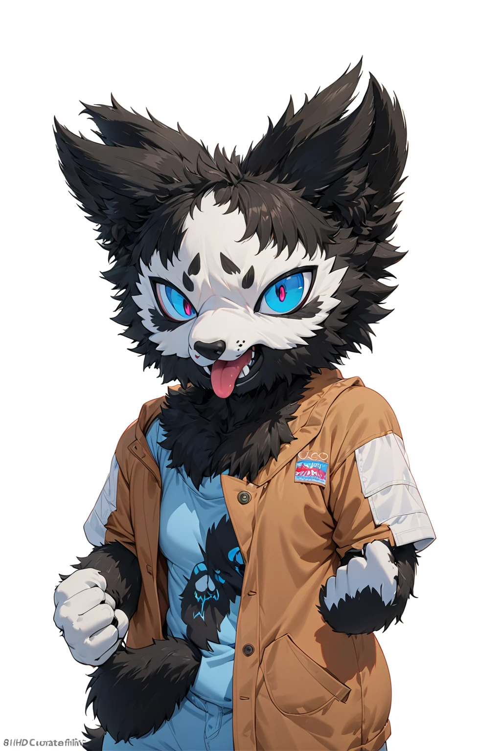 Black hair, Dark Skin, White Mask ,furry,make a fist, Pink tongue, Black nose, Black broken corner, fur garment, fur garment!!!!, hairy character, Full body mascot, hyena, SFW, macro hairy, hairy fursona, hairy, the hairy fur garment is running, Anthropomorphic coyote male, An anthropomorphic cyberpunk fox, hairy mawshot, hairy furaffinity, 8K, super detail, uhd, masterpiece, anatomically correct, ccurate, super detail, high details, high quality, best quality, highres, 16K