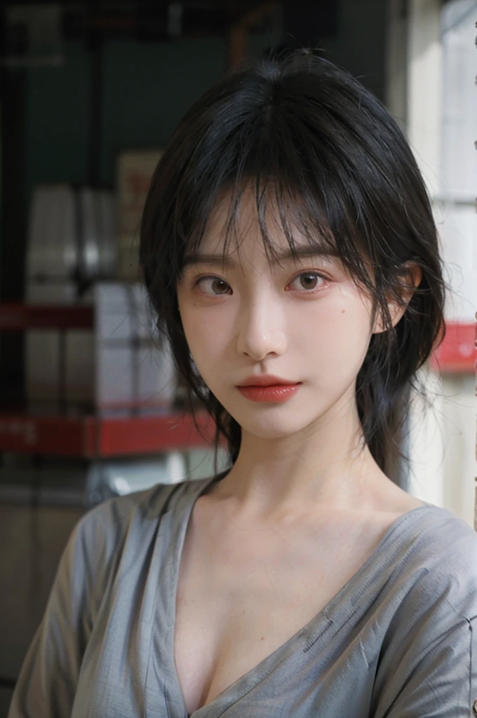 1 girl，model，short hair,A faint smile,serene, calm，Moles under the eyes,Exquisite eyes, Delicate face,Lipstick,earrings,Hair details, dress，（Dress conservatively：1.3）(Large Breasts:1.2),outdoor,background,城市background，(Skin details:1.4),(Realistic and detailed eyes：1.2）, Natural skin texture, Realistic facial details,Close-up of face,Portrait Photography,(Portrait Photography:1.1), (smooth skin textures:1.3), (Highest quality real skin textures:1.4), Direct vision,Soft dramatic lighting, Vivid details, 35 mm film, (Photo Practical:1.4), (hyper Practical:1.4), (Practical:1.3), (Smoother lighting:1.05), (Improve lighting quality:0.9), (Enhance the beauty of skin texture:1.1), Depth of Field, Bokeh, Surrealism, Ray Tracing, ( Surrealism, High Detail, Chiaroscuro, Ray Tracing, reflected light, Ultra HD, Ultra HD, masterpiece, Textured Skin, Super Detail, High Detail, high quality, best quality