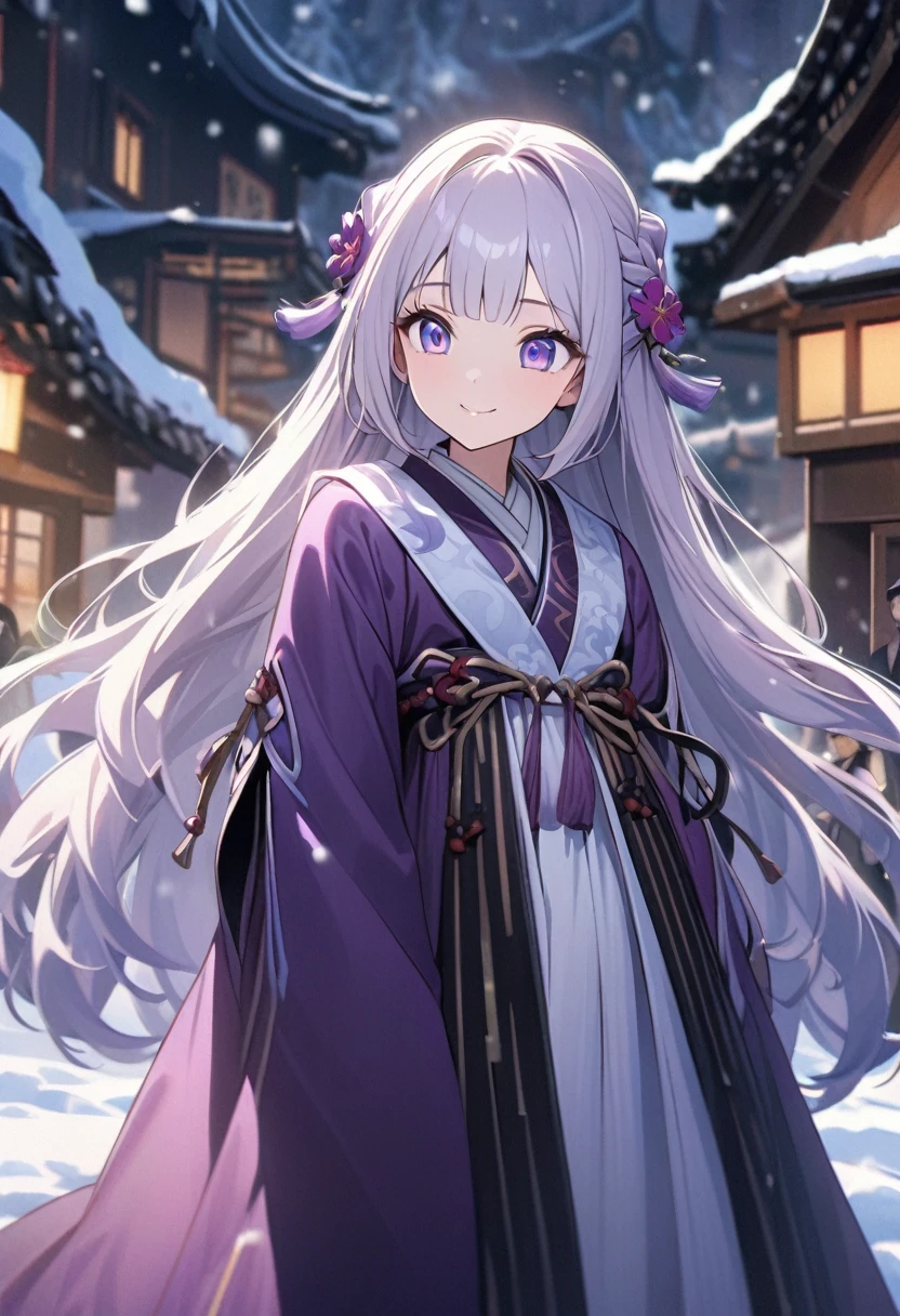 Bright purple Taoist robe, Hanfu long skirt, big eyes, masterpiece absolute beauty, 1 woman, close-up. Close-up, healing smile, snow scene, 4K picture quality, twisted braid, princess hairstyle princess cut, simple hair accessories, plum blossoms, people can't forget the beauty when they see it