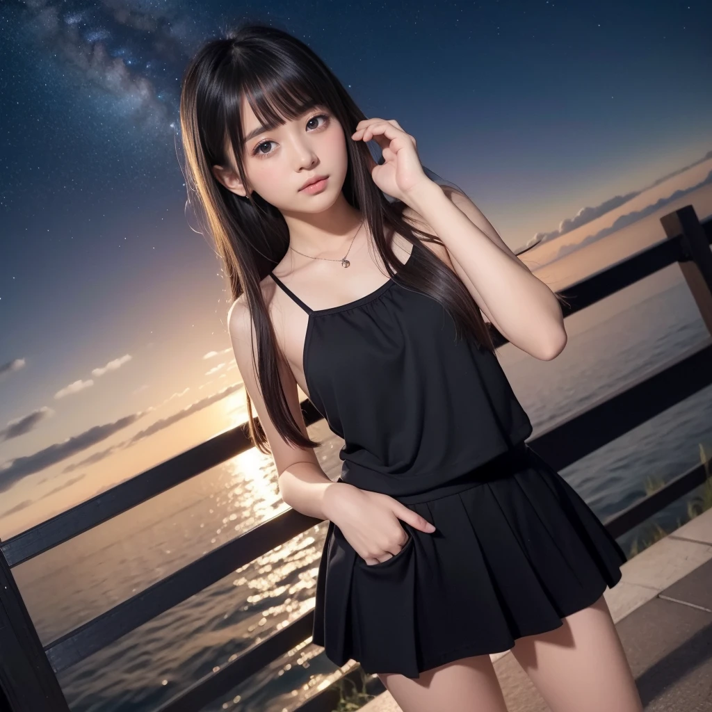 Beautiful images、universe、Fantasy、Shooting start or swarm、 Girl、black eye、Hair length、Starry Sky、Japanese、high school girl、camisole、Fluttering mini skirt、