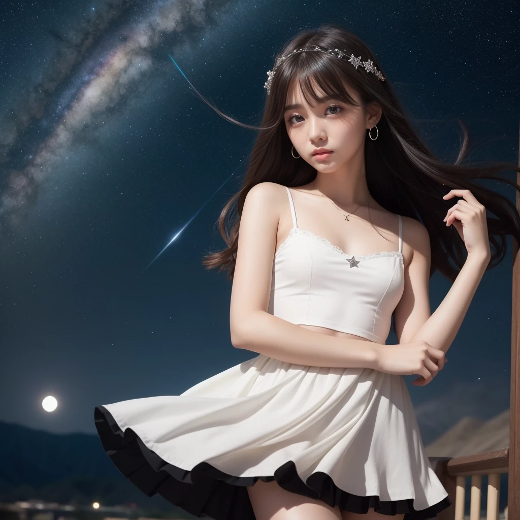 Beautiful images、universe、Fantasy、Shooting start or swarm、 Girl、black eye、Hair length、Starry Sky、Japanese、high school girl、camisole、Fluttering mini skirt、