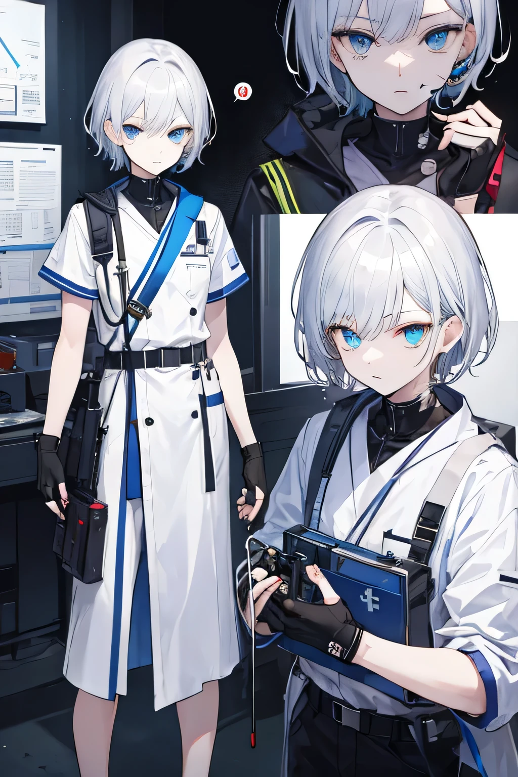 male、thin、Highly detailed eye、Draw the whole body、doctor uniform、Has a submachine gun、Blue Eye、Silver Hair、short hair、Black Fingerless Glove、Equipped with transparent black shooting goggles、Carry a first aid kit、Health Corps、emotionless face