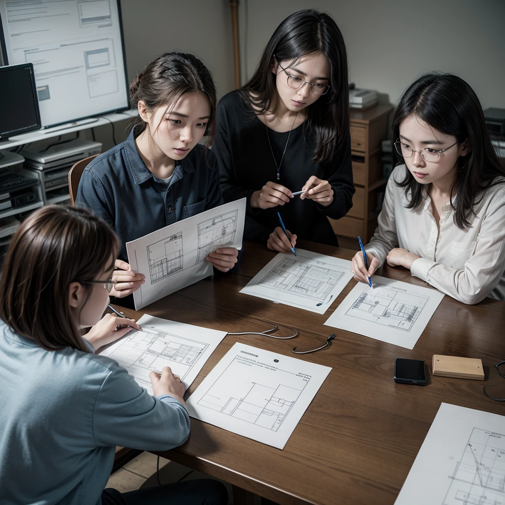 Photograph of engineers and physicists working on plans