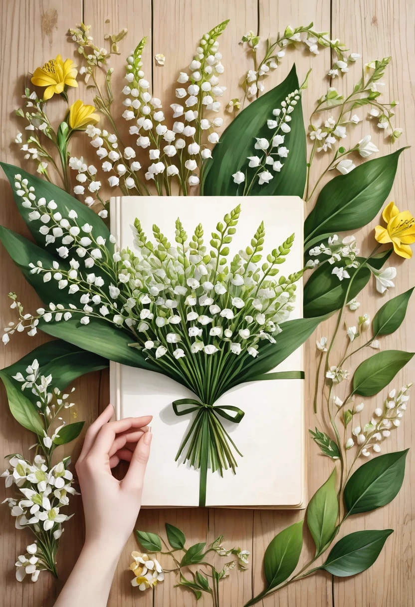 watercolor painting.In the image we see a detailed and delicate illustration that depicts a botanical environment. The central focus is a green book titled "A Book of Flowers", which is being held by two female hands wearing white lace gloves. In the book there is an illustration of a bunch of yellow flowers with green leaves. Around the book and the hands, there are various botanical and sewing elements. On the left, there are white flowers with green stems, possibly bucolic or bluebells, arranged on the wooden table. Near the top left corner, there is a partially opened beige envelope, from which some flowers also come out.
In the upper right corner, we see a white plate or bowl with an illustration of a bunch of flowers, probably lilies of the valley, and green leaves. There is also a rolled-up green ribbon and a spool of brown thread near the hands, suggesting a craft or gardening environment.
The background of the image is a light wooden surface, decorated with green leaves and small white flowers, complementing the natural and delicate aesthetic of the scene. The composition and details suggest a theme of appreciation and study of flowers and botany.