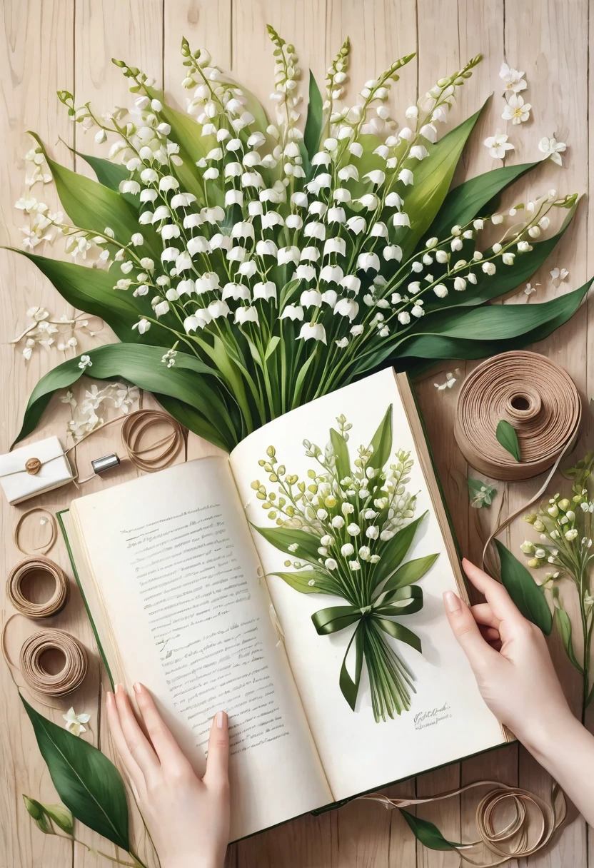 watercolor painting.In the image we see a detailed and delicate illustration that depicts a botanical environment. The central focus is a green book titled "A Book of Flowers", which is being held by two female hands wearing white lace gloves. In the book there is an illustration of a bunch of yellow flowers with green leaves. Around the book and the hands, there are various botanical and sewing elements. On the left, there are white flowers with green stems, possibly bucolic or bluebells, arranged on the wooden table. Near the top left corner, there is a partially opened beige envelope, from which some flowers also come out.
In the upper right corner, we see a white plate or bowl with an illustration of a bunch of flowers, probably lilies of the valley, and green leaves. There is also a rolled-up green ribbon and a spool of brown thread near the hands, suggesting a craft or gardening environment.
The background of the image is a light wooden surface, decorated with green leaves and small white flowers, complementing the natural and delicate aesthetic of the scene. The composition and details suggest a theme of appreciation and study of flowers and botany.