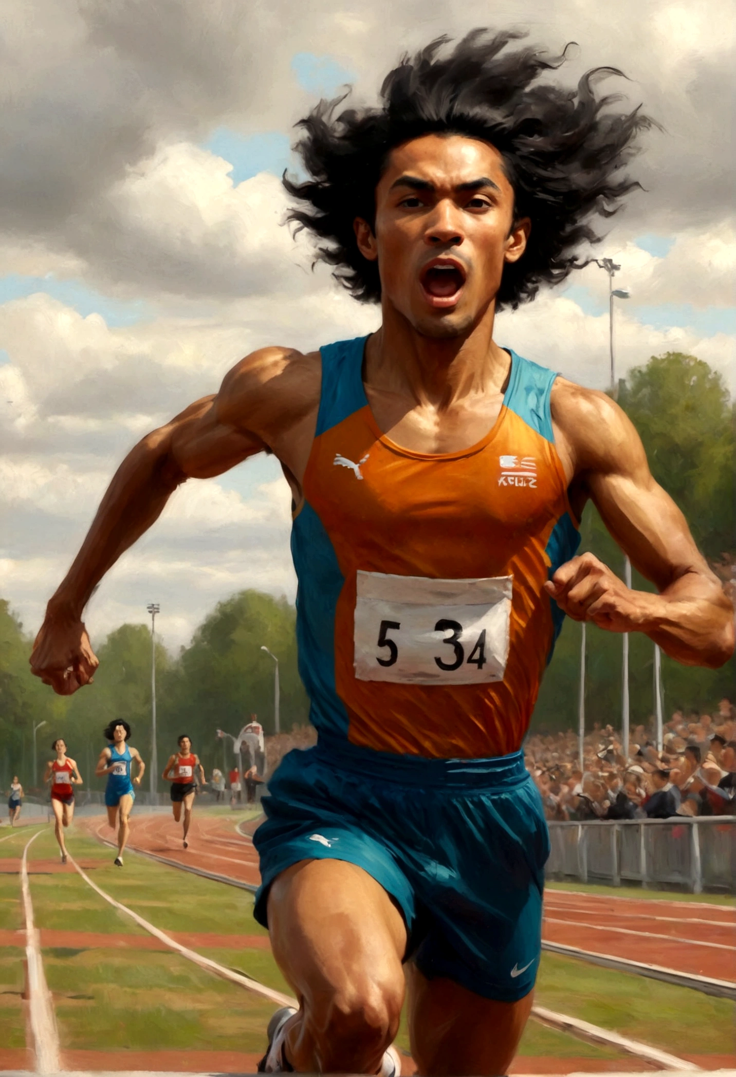 A running track athlete in style is in a dynamic pose, sprinting., black hair, raised eyebrows, tongue out, rococo style, motion blur, first-person view, uhd