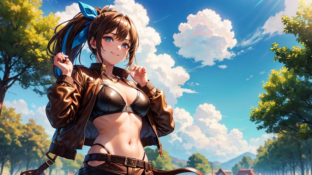 1girl, solo, summer, village, trees, sun, clouds, ((colorful hair)), ponytail, large full breasts, ((brown leather jacket)), brown leather shorts, ((blue bra)), nipples, blue eyes, skirt, smile, looking at the viewer, standing, hair ribbon, golden necklate