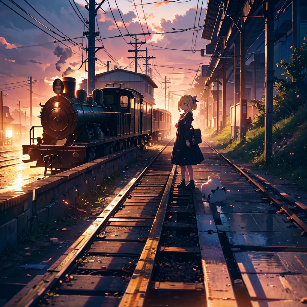 High-definition background, bright and beautiful atmosphere, 3 girls (2 years old, (1 short-tempered round face), (1 child)) (hair, surface effects), color effects), small breasts, blonde hair, abandoned railroad tracks Above, dusk, a girl wearing a cute dress, stroking the tracks with her hand, a steam locomotive parked, a mini-pig riding on the girl's shoulder, a mini-pig walking on the tracks, mini-pigs stuck on the tracks, deltamon_sdXL:0.73) > deltamon negative prompt