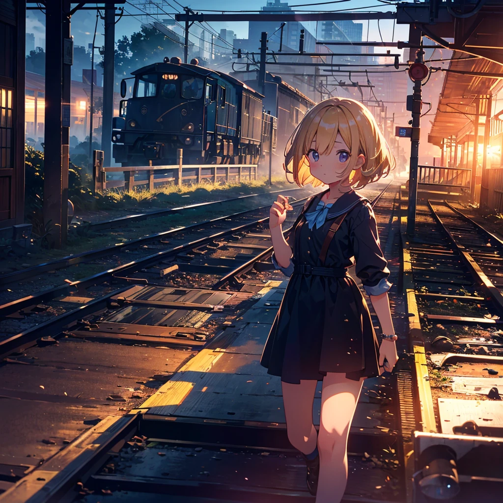 High-definition background, bright and beautiful atmosphere, 3 girls (, (1 short-tempered round face), (1 child)) (hair, surface effects), color effects), small breasts, blonde hair, abandoned railroad tracks Above, dusk, a girl wearing a cute dress, stroking the tracks with her hand, a steam locomotive parked, a mini-pig riding on the girl's shoulder, a mini-pig walking on the tracks, mini-pigs stuck on the tracks, deltamon_sdXL:0.73) > deltamon negative prompt