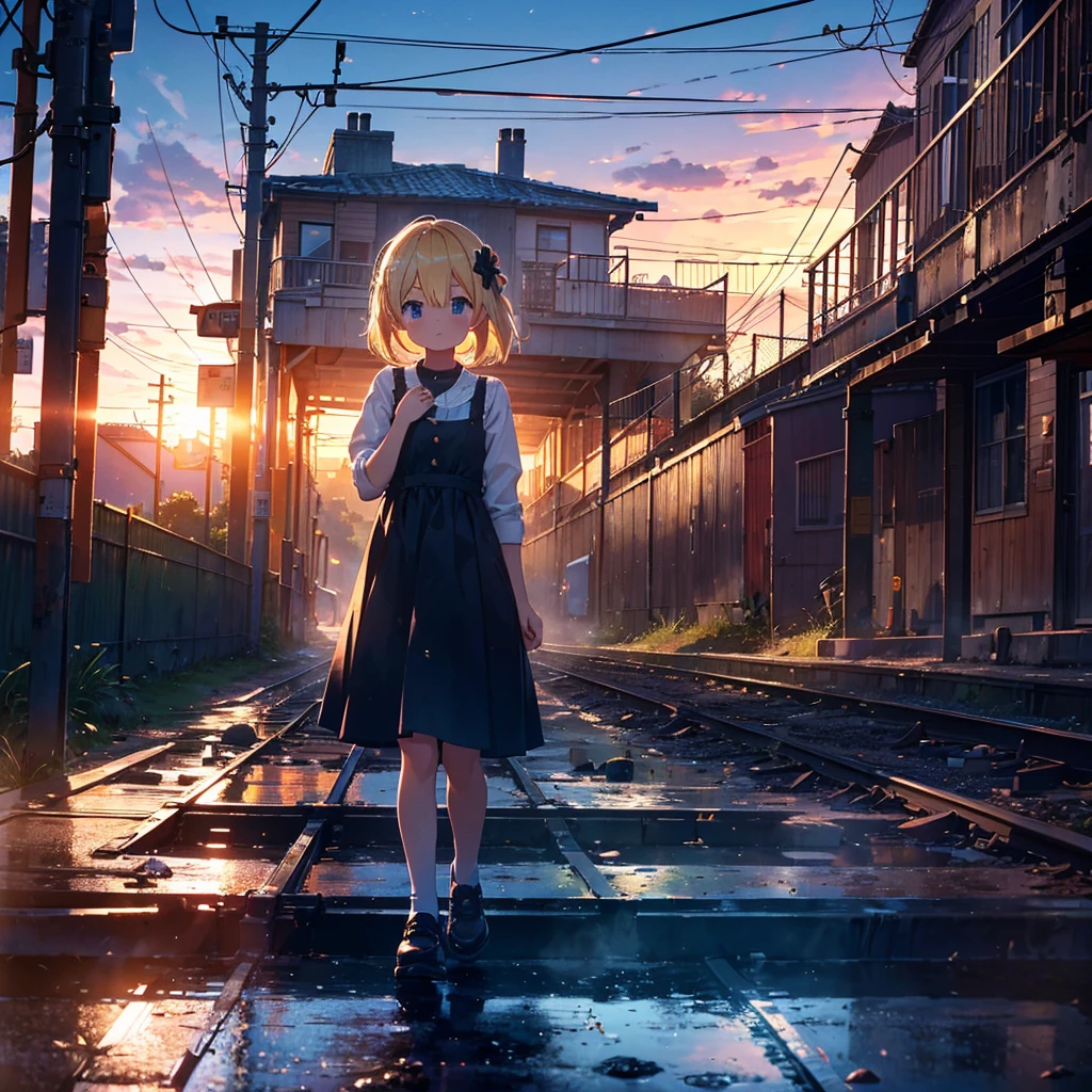 High-definition background, bright and beautiful atmosphere, 3 girls (2 years old, (1 short-tempered round face), (1 child)) (hair, surface effects), color effects), small breasts, blonde hair, abandoned railroad tracks Above, dusk, a girl wearing a cute dress, stroking the tracks with her hand, a steam locomotive parked, a mini-pig riding on the girl's shoulder, a mini-pig walking on the tracks, mini-pigs stuck on the tracks, deltamon_sdXL:0.73) > deltamon negative prompt