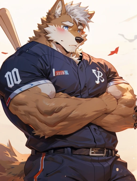 juvenile,Wolf,Furry ears,Remove the background behind,Baseball in hand,strong,Red baseball uniform,Abdominal muscles,White hair,shy