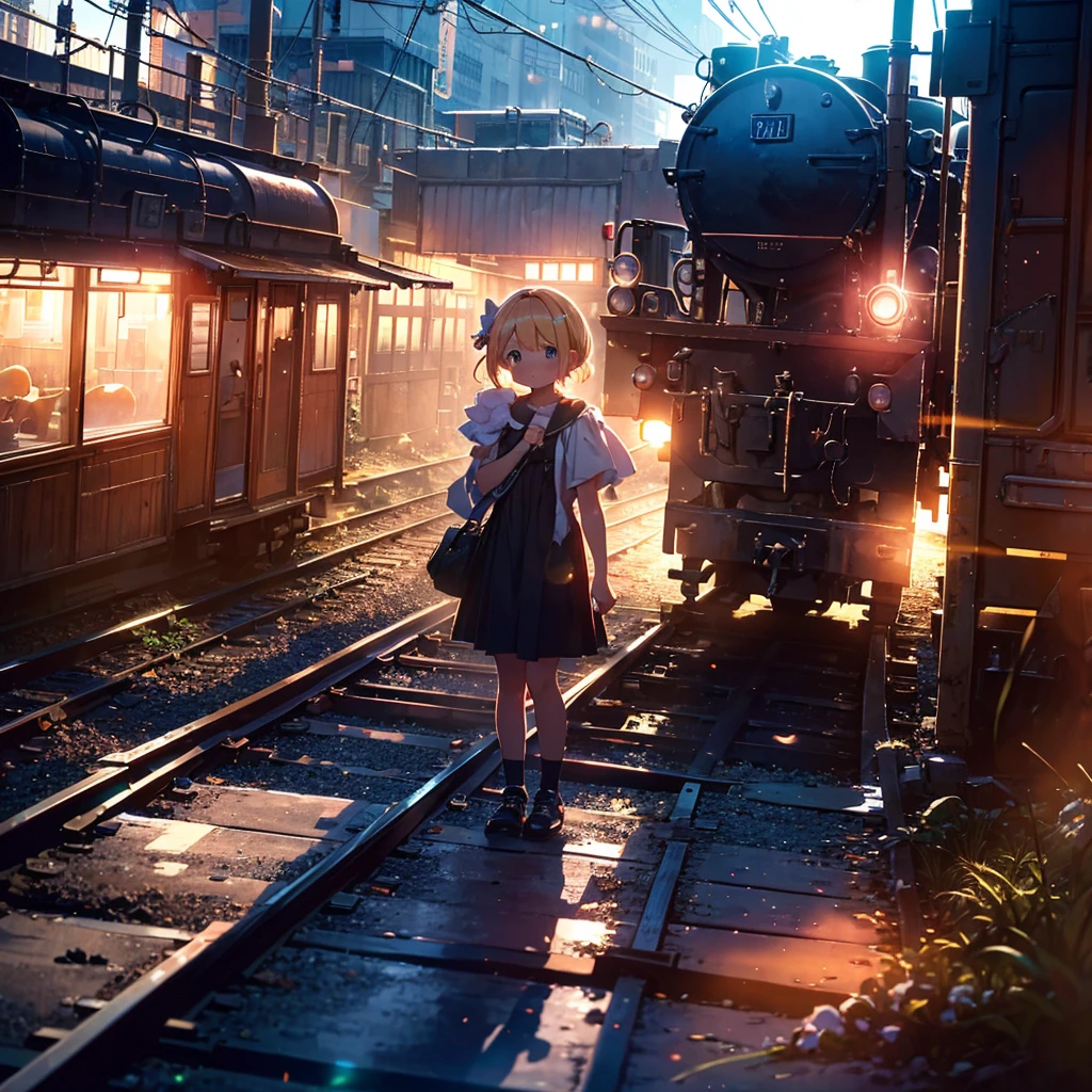 High-definition background, bright and beautiful atmosphere, 3 girls (, (1 short-tempered round face), (1 child)) (hair, surface effects), color effects), small breasts, blonde hair, abandoned railroad tracks Above, dusk, a girl wearing a cute dress, stroking the tracks with her hand, a steam locomotive parked, a mini-pig riding on the girl's shoulder, a mini-pig walking on the tracks, mini-pigs stuck on the tracks, deltamon_sdXL:0.73) > deltamon negative prompt
