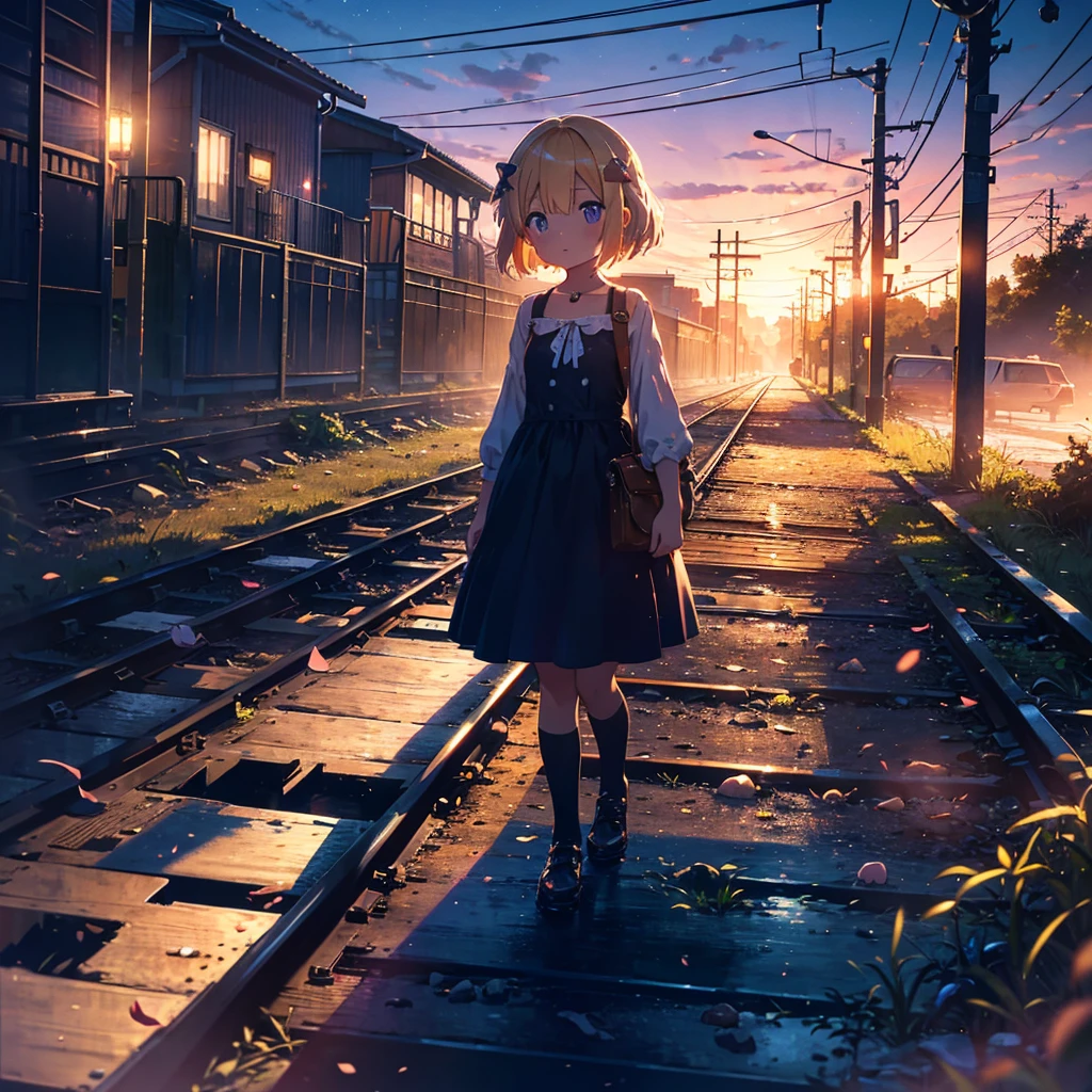High-definition background, bright and beautiful atmosphere, 3 girls (2 years old, (1 short-tempered round face), (1 child)) (hair, surface effects), color effects), small breasts, blonde hair, abandoned railroad tracks Above, dusk, a girl wearing a cute dress, stroking the tracks with her hand, a steam locomotive parked, a mini-pig riding on the girl's shoulder, a mini-pig walking on the tracks, mini-pigs stuck on the tracks, deltamon_sdXL:0.73) > deltamon negative prompt
