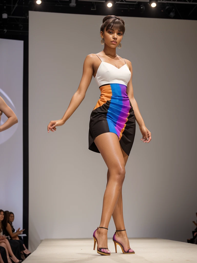 generated a full body of a 21 years old young white woman with dark brown ponytail hairstyle, medium size chest, she wear a really high end multi color fashion dress with high heels, she is 5 foot 5 height, walking on a luxurious fashion show stage, showcasing her beautiful dress, side view of a woman walking on the stage