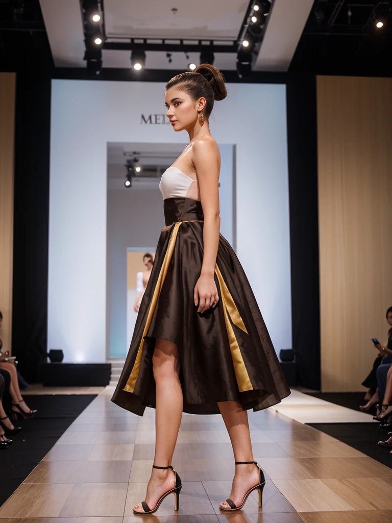 generated a full body of a 21 years old young white woman with dark brown ponytail hairstyle, medium size chest, she wear a really high end multi color fashion dress with high heels, she is 5 foot 5 height, walking on a luxurious fashion show stage, showcasing her beautiful dress, side view of a woman walking on the stage