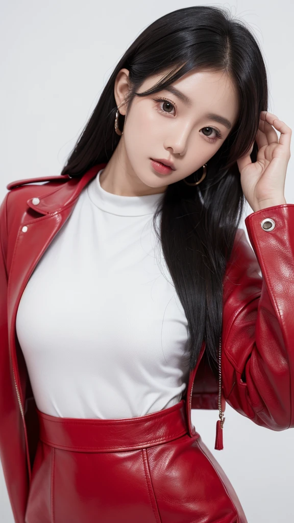 Kpop idol introduction picture. White background. Black hair, black and red leather clothes