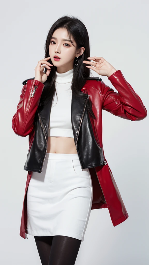 Kpop idol introduction picture. White background. Black hair, black and red leather clothes