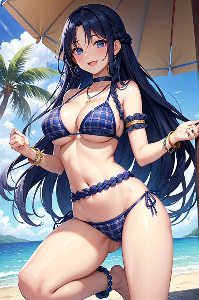 Highest quality、Highest quality、masterpiece、Beauty(Age 25)、Navy blue long hair(Braided sides)、blue eyes、Sexy plaid bikini、Big cleavage、(Big Breasts),smile、blue necklace、Blue Earrings、background(Beach)、Please open your mouth wide、bracelet、Dynamic pose、Blue choker