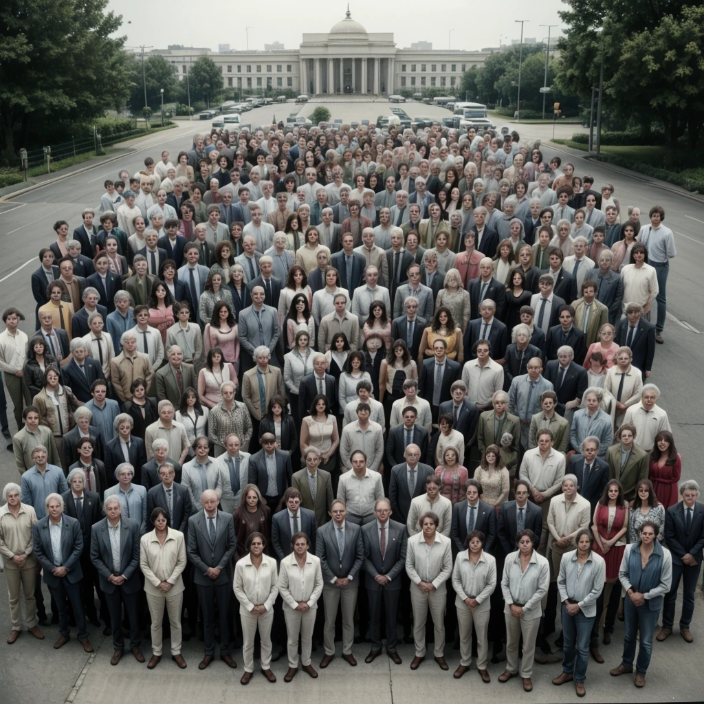 Photograph of 50 engineers from the 70s posing for a group photo