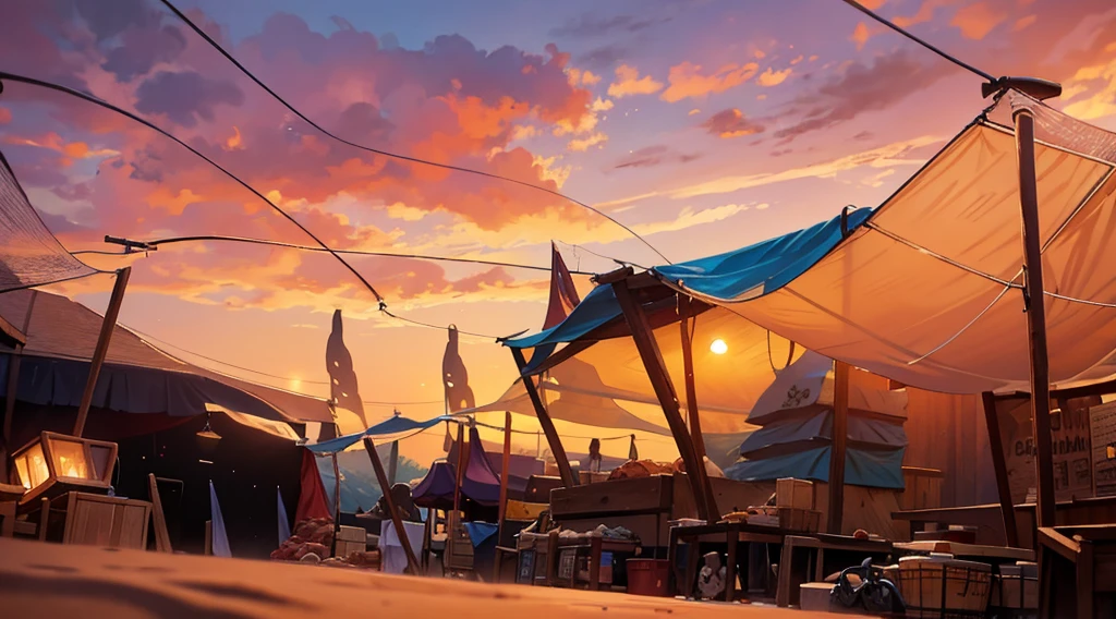 traditional market, (butchery, (they sell meats, animal skull, human skull)), (market stalls, market tents, canopies, tarp canopy), wooden boxes, wooden basket, wire,, sand ground, dawn sky, dark morning, low angle,