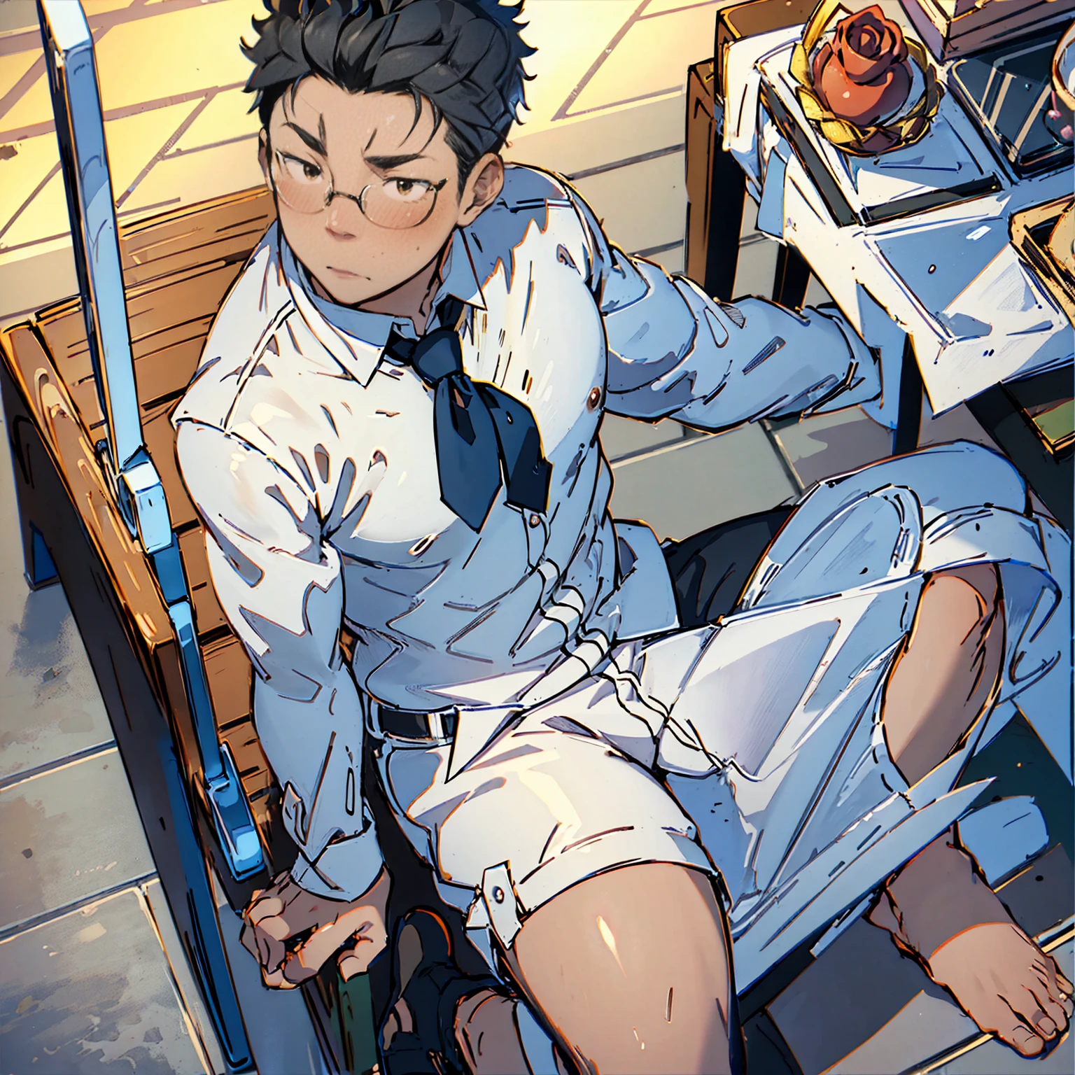 1boy, mature male, male-centric, (solo), (clean, detailed eye definition), (manly, detailed face), perfect male body, (neat figure), (stocky with roses), muscles, (35 yrs old), short, dark hair, two side up, very large eyes, glasses, (top quality), (top quality ), (Super Detail), (Masterpiece), (High Resolution), (Original), (Super Detail CG Unity 8K Wallpaper), Character Design, Game CG, Detail Cartoon Illustration, ((Anime Style Art)), Young Japanese Man, Short Black Hair, Male Character, White Shirt, Blue Tie, One Person, One Person Description: anime, office, sitting in chair, taking off shoes, barefoot, cartoonish picture, nice picture, 4k, high quality