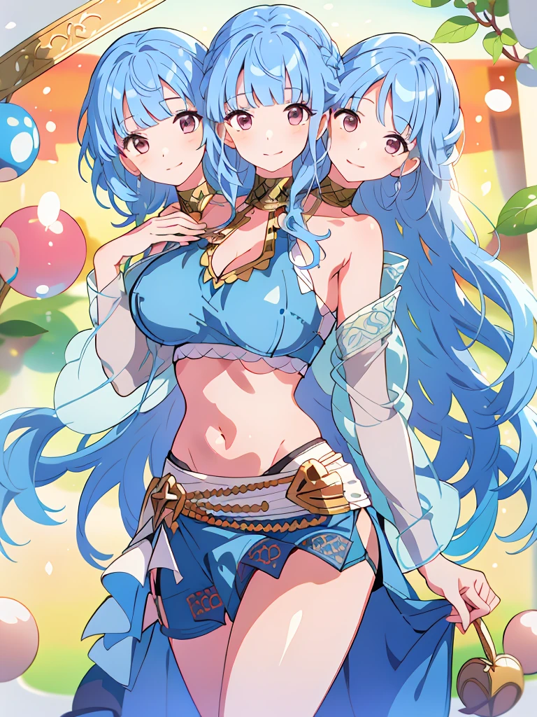 (masterpiece, best quality), best resolution, (3heads:1.5), 1girl, blue hair, long flowing hair, smiling, open belly, blue crop top, blue miniskirt, open breasts, huge tits,
