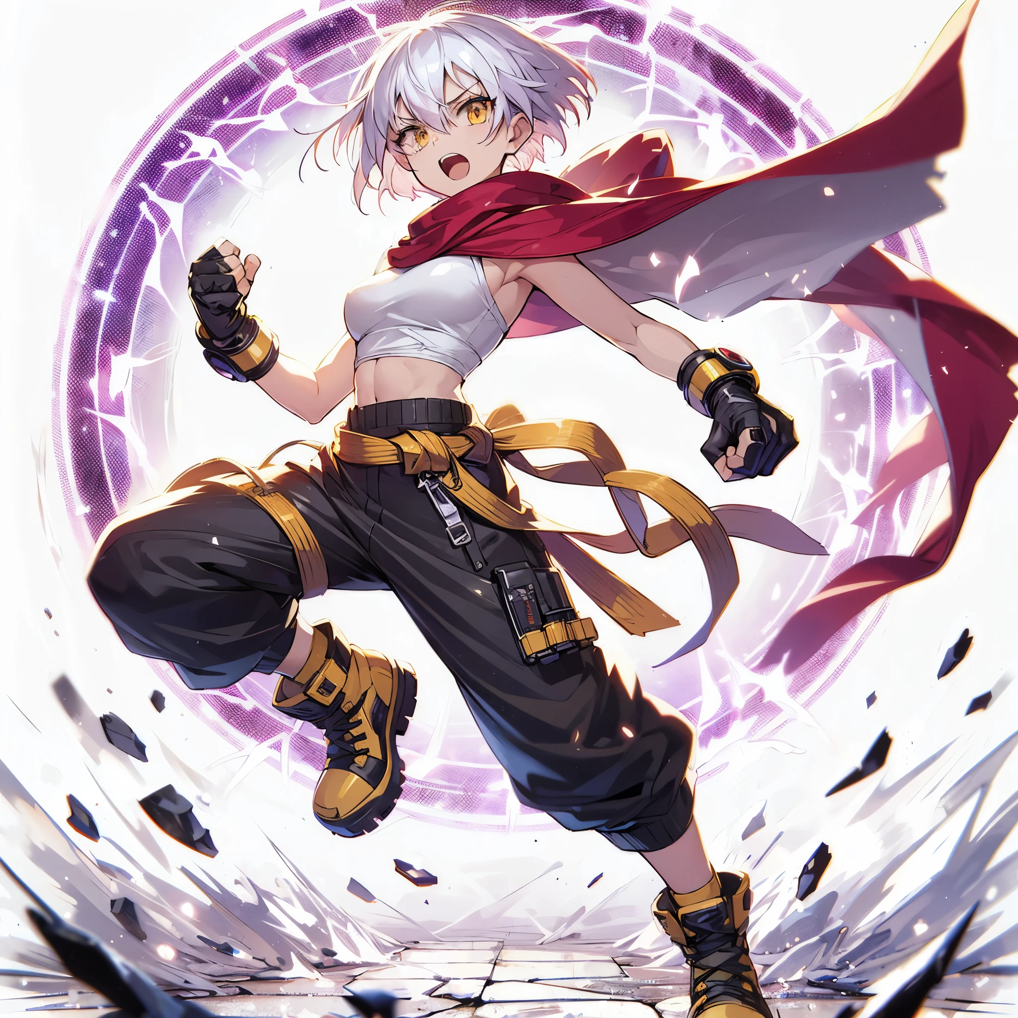 (Masterpiece, Top Quality), (Fine Hair), Ultra-Detailed, Anime Style, Solo, front view, cute Cyberpunk ninja girl, KICK BOXER. white short hair and gold eyes, tanned skin, open finger-gloves, yellow-black half pants, folded arms, red cape fluttering in the wind, wearing long boots, ultra-massive, tall stylish, Muscular body shape, White background, standing full length, Shouting. Neon-Purple rings of light around head. supernatural Lightning, standing on wasted earth,