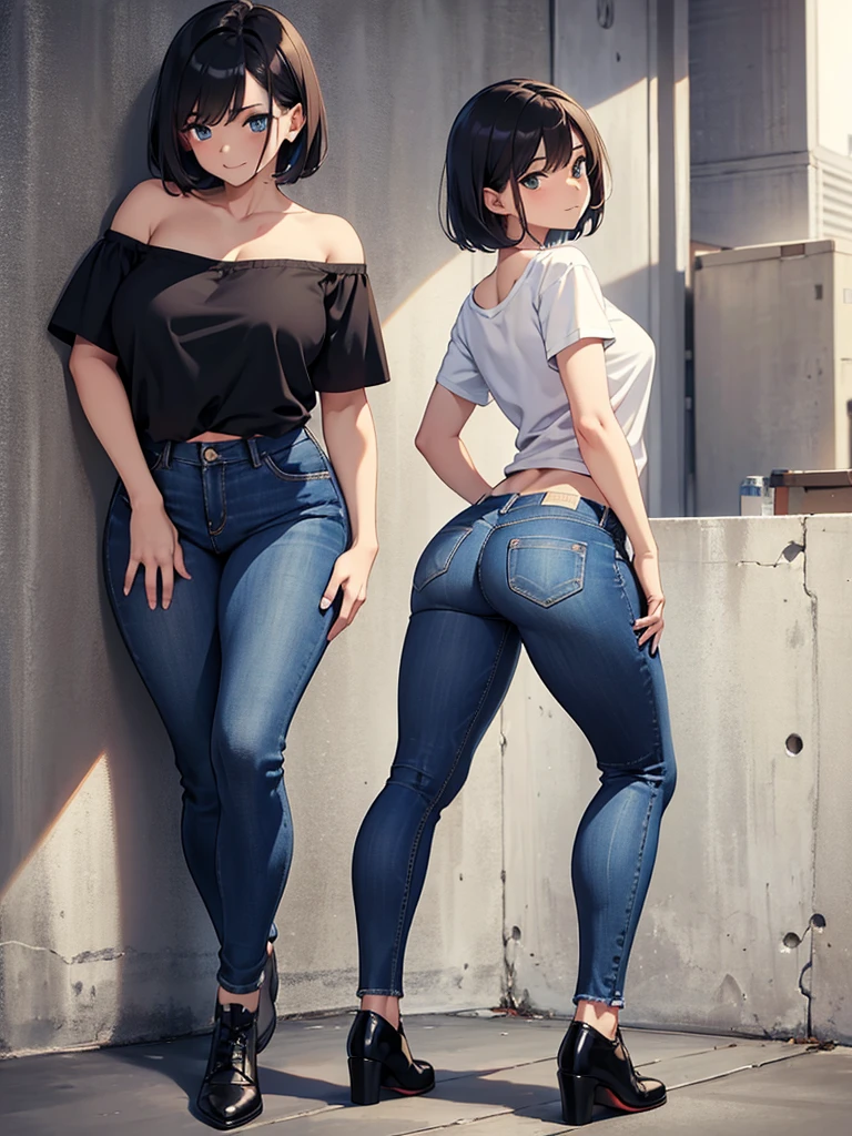 masterpiece, best quality, high definition images, atmospheric perspective, expressive eyes, perfect face, ultra detailed, solo, 1mature seductive woman leaning forward, sticking butt, bending over, back view, alluring pose, black short hair, boyish look, T-shirt, skinny denim pants, large butt, hip line, panties line, curvy, thighs, calm smile, from directly below,