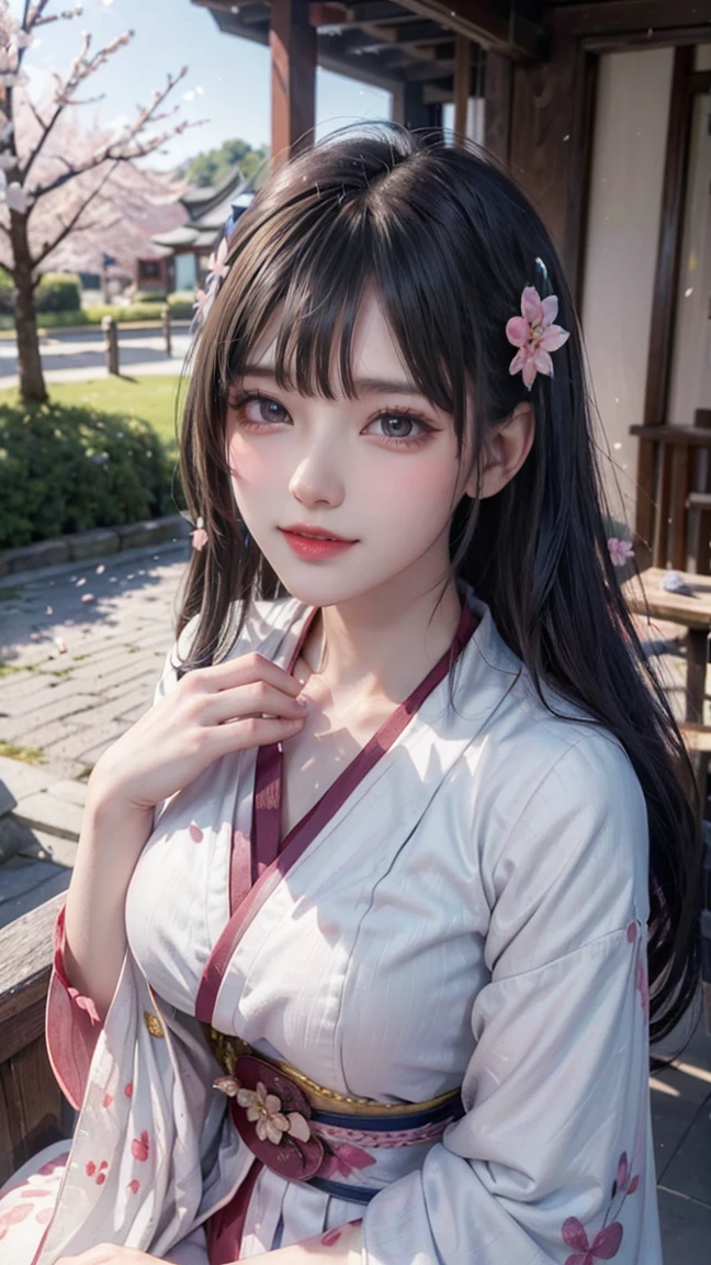 (logo、masterpiece、8k、table top、RAW photo、wonderful、最high quality、Photorealistic and hvery detailed CG integrated 8k wallpaper、high quality、very detailed、Narrative poem、particle effects、dynamic effects、written boundary depth、cinematic light、Lens flare、ray tracing)、fantasy、 (1 beautiful woman、white kimono、Japan Dress、white cherry blossom pattern、White cherry blossom embroidery pattern、black haired、beautiful face、real face、beautiful details eyes beautiful skin)、Hair flutters in Wind、hair bounces、pink cherry tree、petals dance、SakuraFubuki、wonderful scenery、sunrise、sun on background、Wind、god々、teeth、god story、vast land