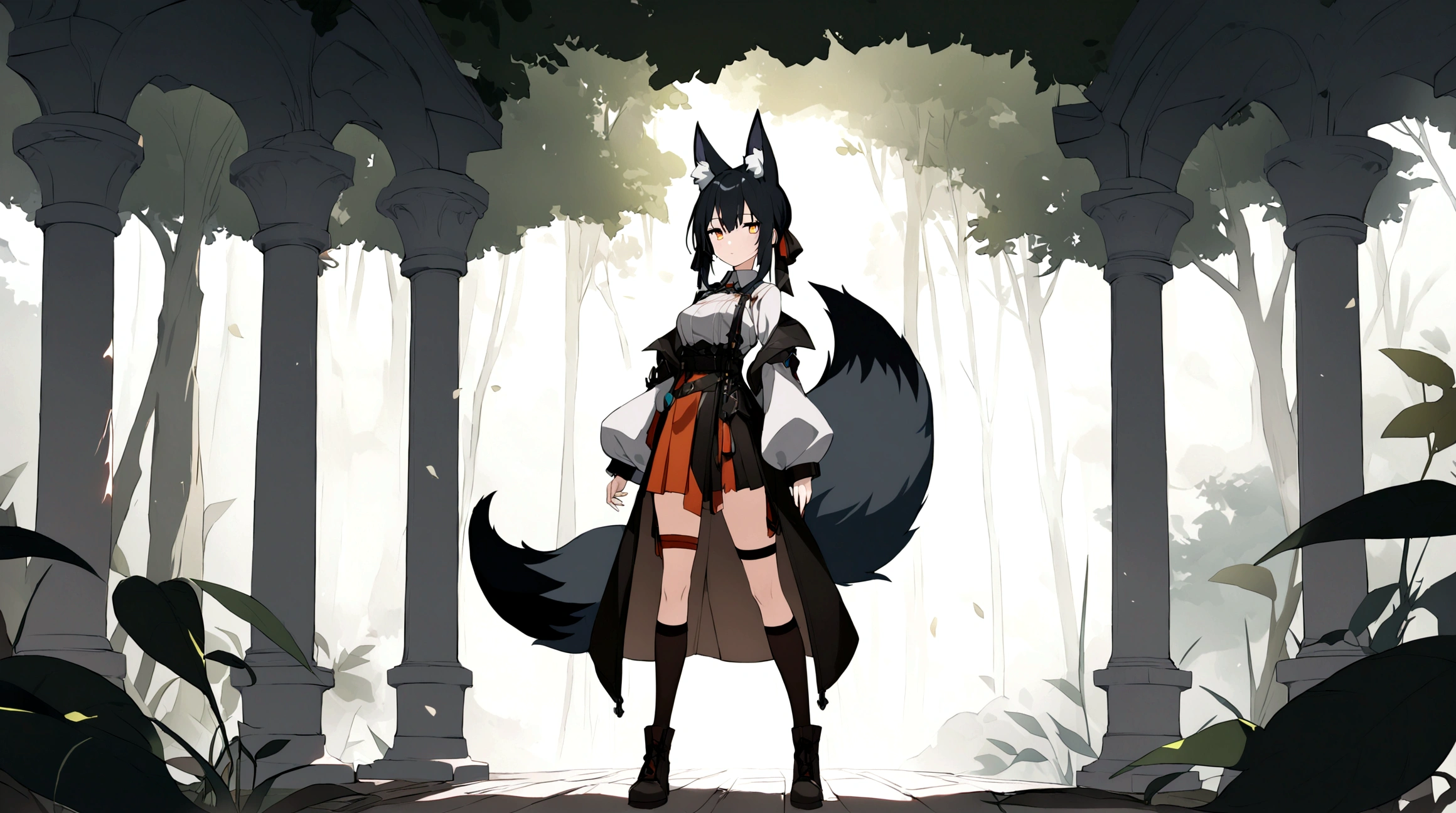 (1girl, Masterpiece, best quality) (detailed and beautiful eyes:1.6) (perfect hands, perfect anatomy) ((full body)) ((Make her look as Adult)) fox-girl Misaki has ((short black hair styled in a slightly tousled manner and her fox ears are perked up attentively.)) (She wears a black fantasy, adventurer leather coat) Her outfit includes a (high-collared adventurer medium dress with red accents and 3 leather straps, emphasizing a combination of practicality) and elegance. She has a one black, big **fluffy** fox tail. She has a black long over-to-knee socks. Misaki's orange eyes exude a sense of mystery and confidence. Light filtering through the leaves create a serene yet enigmatic atmosphere. Her standing positon showcases her strength, adultness and readiness for battle.