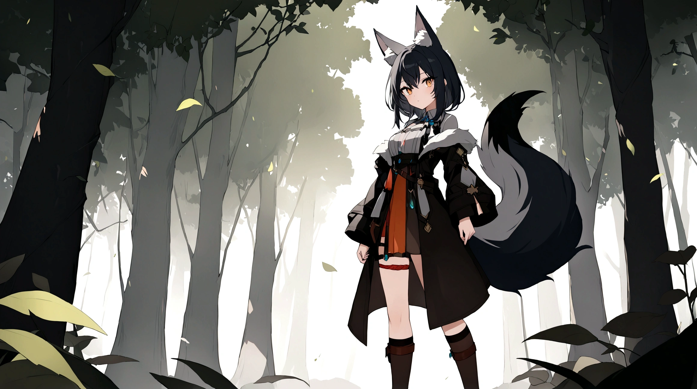 (1girl, Masterpiece, best quality) (detailed and beautiful eyes:1.6) (perfect hands, perfect anatomy) ((full body)) ((Make her look as Adult)) fox-girl Misaki has ((short black hair styled in a slightly tousled manner and her fox ears are perked up attentively.)) (She wears a black fantasy, adventurer leather coat) Her outfit includes a (high-collared adventurer medium dress with red accents and 3 leather straps, emphasizing a combination of practicality) and elegance. She has a one black, big **fluffy** fox tail. She has a black long over-to-knee socks. Misaki's orange eyes exude a sense of mystery and confidence. Light filtering through the leaves create a serene yet enigmatic atmosphere. Her standing positon showcases her strength, adultness and readiness for battle.
