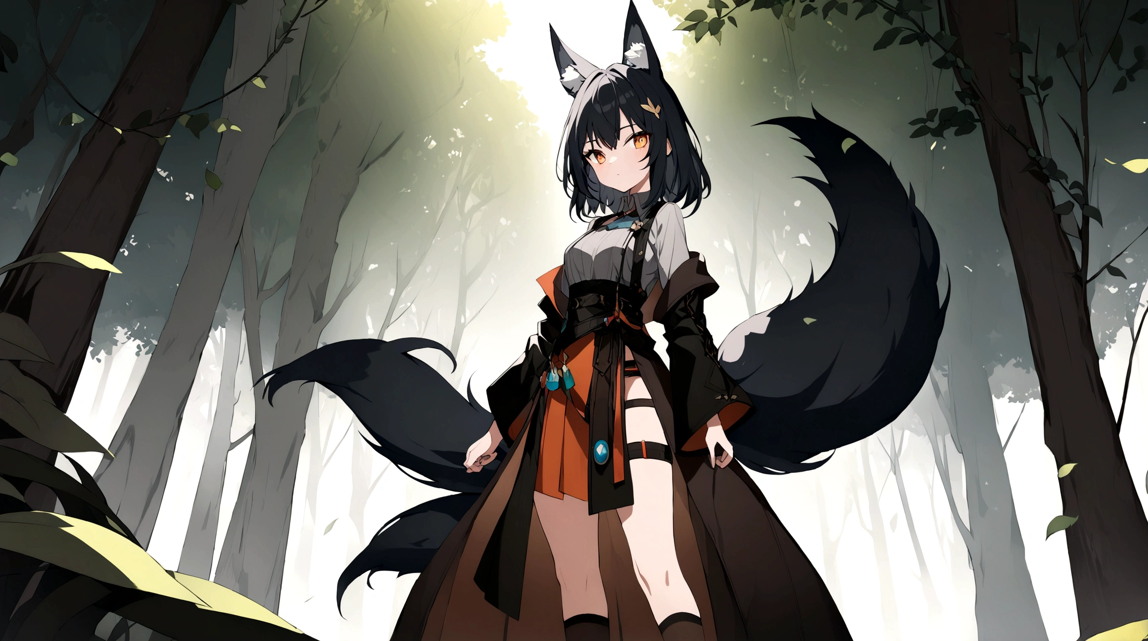 (1girl, Masterpiece, best quality) (detailed and beautiful eyes:1.6) (perfect hands, perfect anatomy) ((full body)) ((Make her look as Adult)) fox-girl Misaki has ((short black hair styled in a slightly tousled manner and her fox ears are perked up attentively.)) (She wears a black fantasy, adventurer leather coat) Her outfit includes a (high-collared adventurer medium dress with red accents and 3 leather straps, emphasizing a combination of practicality) and elegance. She has a one black, big **fluffy** fox tail. She has a black long over-to-knee socks. Misaki's orange eyes exude a sense of mystery and confidence. Light filtering through the leaves create a serene yet enigmatic atmosphere. Her standing positon showcases her strength, adultness and readiness for battle.
