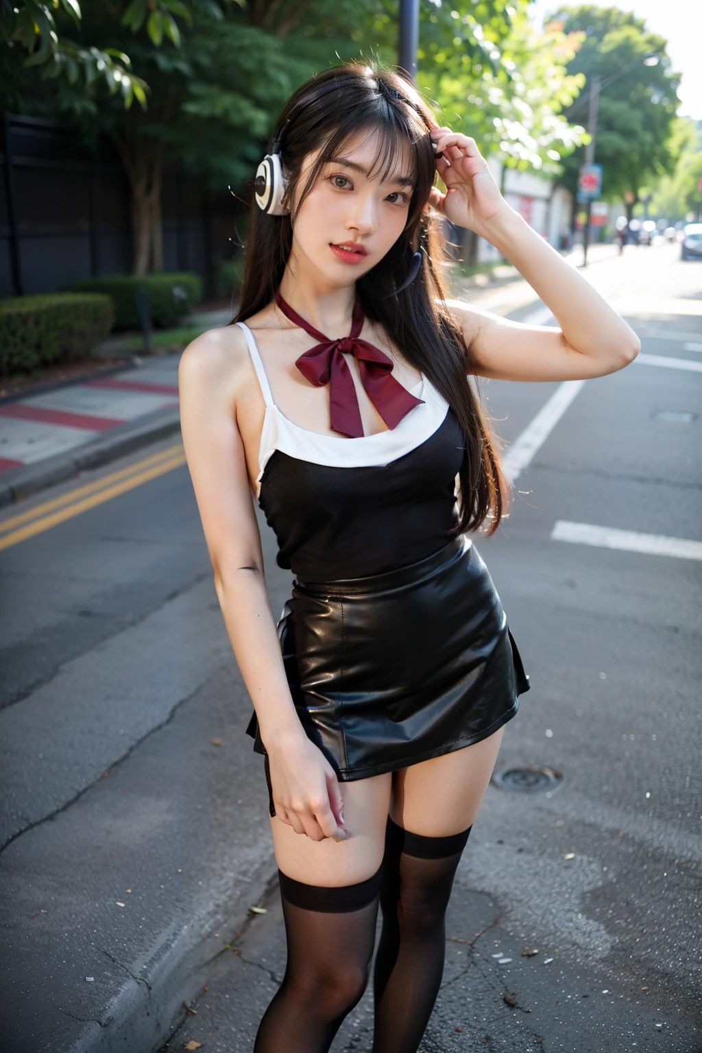 ((best quality)), ((masterpiece)), (detailed), 1girl, sexy, a cute japanese girl, long balck hair, ribbon in hair, headset around neck, mini skirt, knee high socks, pop clothes, modern, 8k, relasitic, very detailed, standing cute position, colorful sneakers, very detailed face, average breast size, 