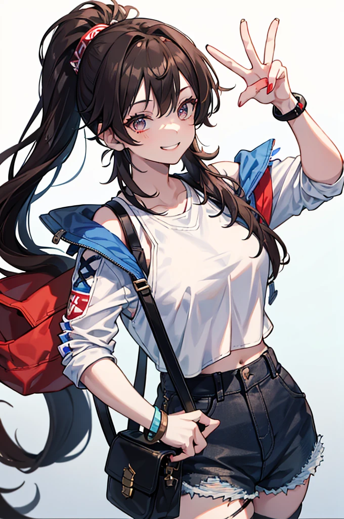 This character is a young girl with long brown hair tied in a high ponytail. She wears a white cap with a red symbol, a white tank top, a black sleeveless jacket, ripped denim shorts and black bracelets. She also has a gray shoulder bag. Her eyes are big and blue, and she makes a peace sign with her left hand, while smiling.
