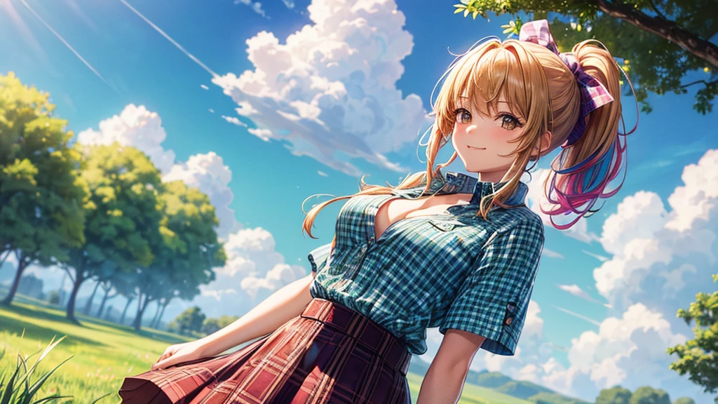 1girl, solo, full body, rural landscape, village, trees, sun, clouds, fantasy, large breasts, button down shirt, ((floral pattern shirt)), ((short sleeved shirt)), ((unbuttoned shirt)), ((wide opened shirt)), ((red bra)), unbuttoning buttons, cleavage 1:3, blue eyes, dark skirt, smile, looking at the viewer, standing, hair ribbon, golden necklate