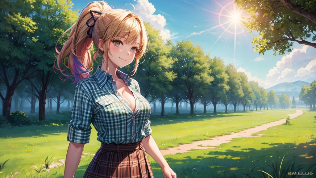 1girl, full body, solo, summer, village, trees, sun, clouds, ((rainbow colored hair)), ponytail, large breasts, button down, blue eyes, ((pale green silk shirt)), ((unbuttoned shirt)), unbuttoning buttons, popping buttons, ((short sleeved shirt)), ((light brown west sweeter)), black mini skirt, brown shoes, grin, looking at the viewer, standing, hair ribbon, cleavage, golden necklate