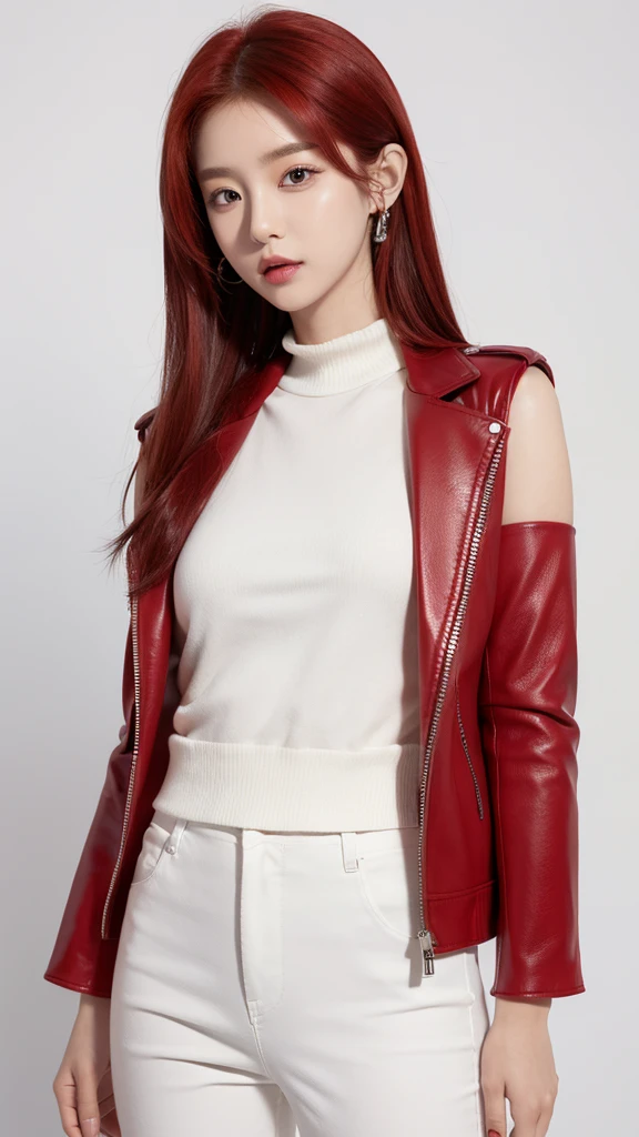 Kpop idol introduction picture. White background. Red hair, black and red leather clothes