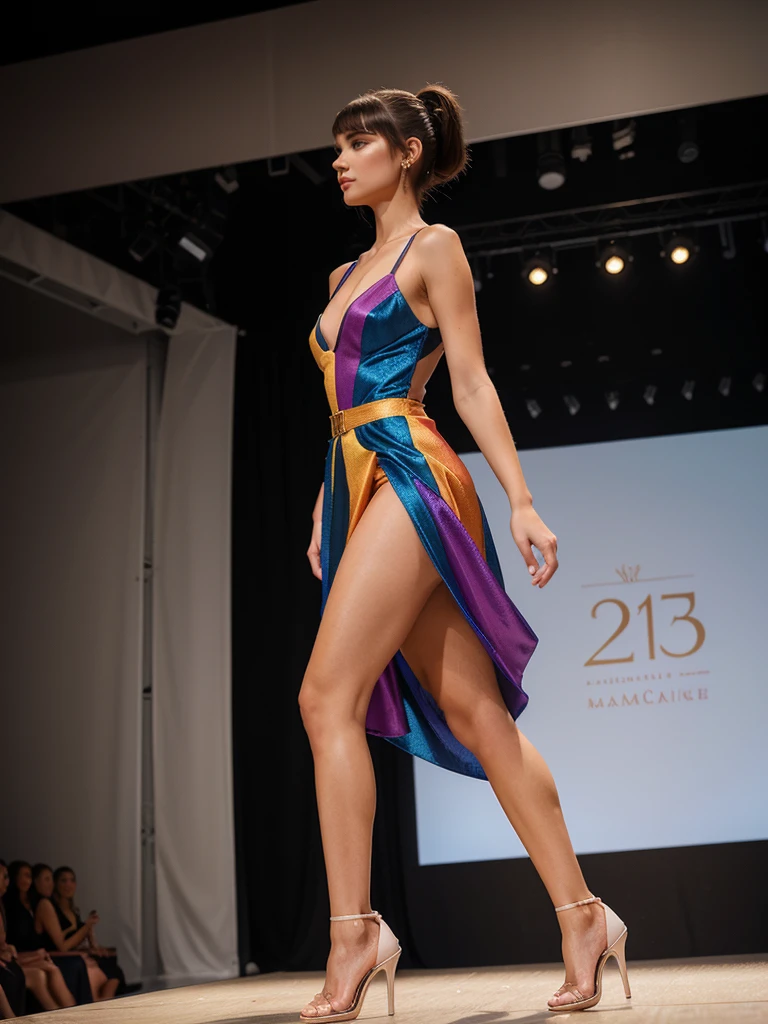generated a full body of a 21 years old young white woman with dark brown ponytail hairstyle, medium size chest, she wear a really high end multi color fashion dress with high heels, she is 5 foot 5 height, walking on a luxurious fashion show stage, showcasing her beautiful dress, side view of a woman walking on the stage, c cup chest size