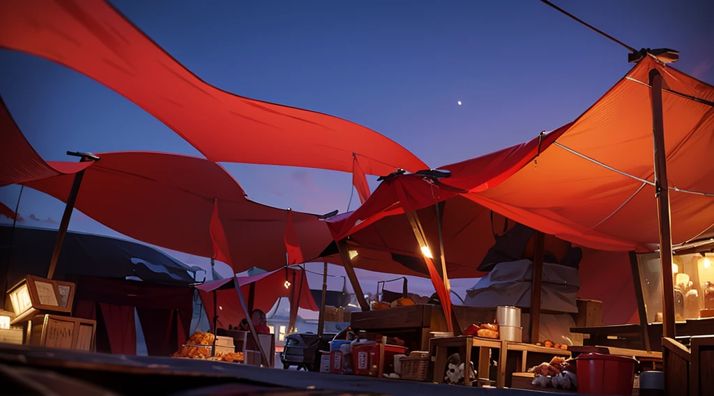 traditional market, (butchery, (they sell meats, animal skull, human skull)), (market stalls, market tents, canopies, tarp canopy), wooden boxes, wooden basket, wire,, sand ground, dawn sky, dark morning, low angle,