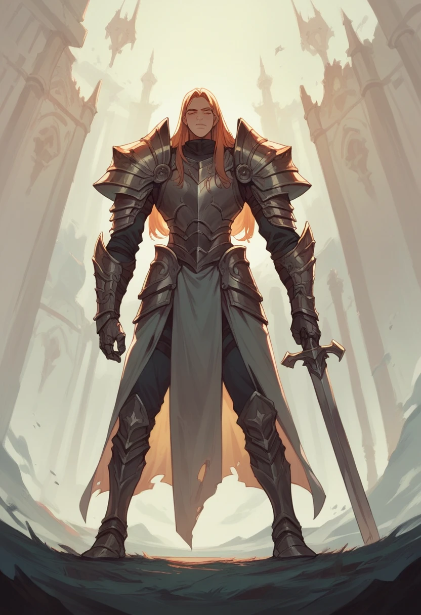 Woman, long hair, standing backwards, leaving a giant kingdom, heading towards darkness, wearing armor