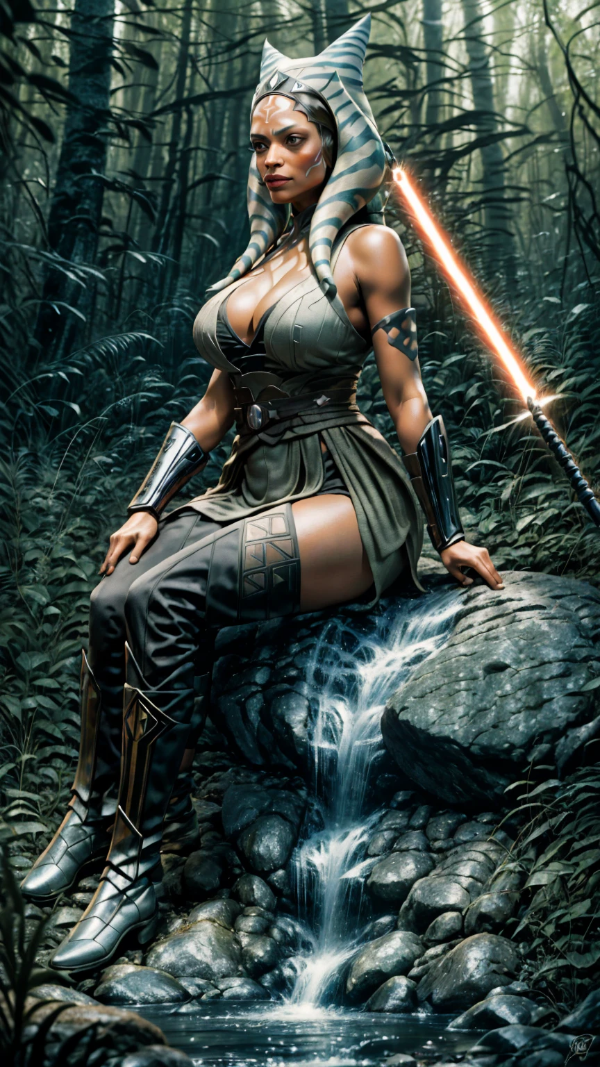 ahsokatano woman, rosario dawson in dark forest,  smirk, Photorealistic, Hyperrealistic, Hyperdetailed, analog style, hip cocked, demure, low cut, detailed skin, matte skin, soft lighting, subsurface scattering, realistic, heavy shadow, masterpiece, best quality, ultra realistic, 8k, golden ratio, Intricate, High Detail, film photography, soft focus, Ahsoka Tano (Star Wars), ((huge perky breasts, deep cleavage 1.8, thick thighs)) curvy , ((white costume, sitting on huge rock, waterfall background))