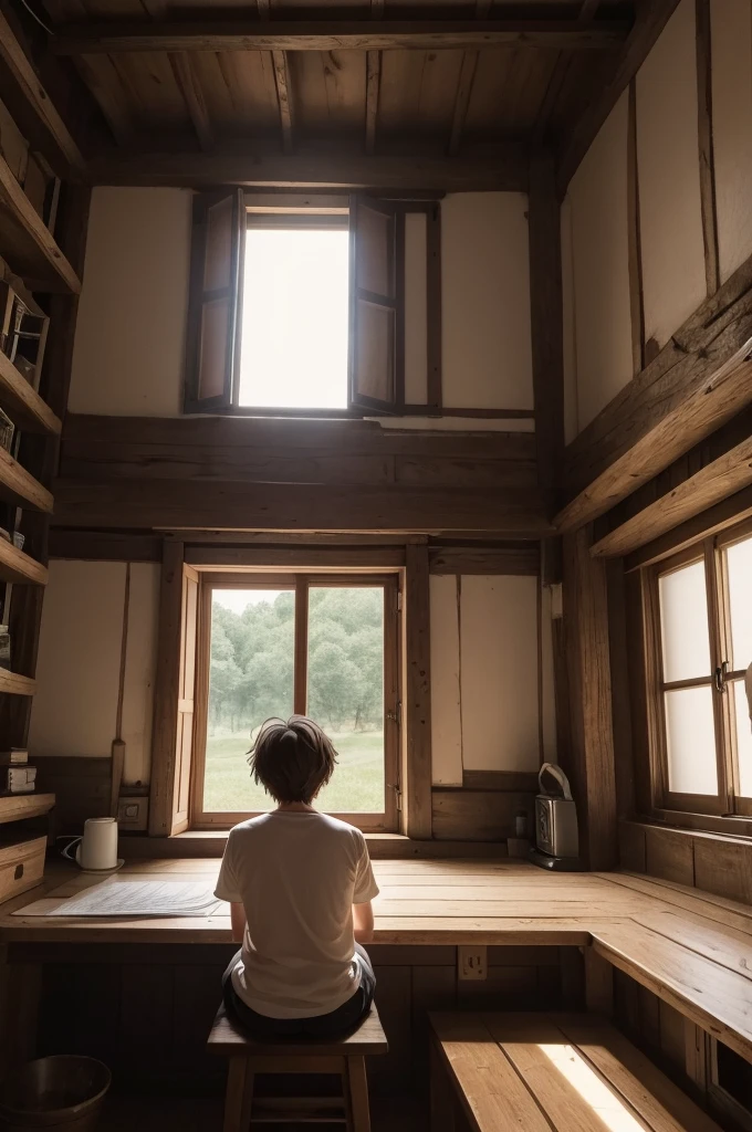 (from behind), Anime boy sitting in front of a sheet of paper in a rustic medieval room boy accompanied by a cat in a cozy medieval room (natta), (beautiful natta views from windows), many things, 2d anime style, The aesthetics of anime in the 90s, lo-fi, very detailled, Hard disk, A mix of anime and Fujifilm style, surreal, 8K, work of art