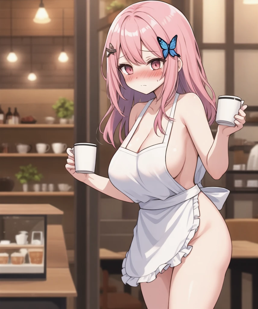 One girl, alone, Pink Hair, Butterfly Hair Ornament, (naked:1.3), (White apron), Large Breasts, Cleavage, Thighs, Cafe Background, (Blushing:1.3)