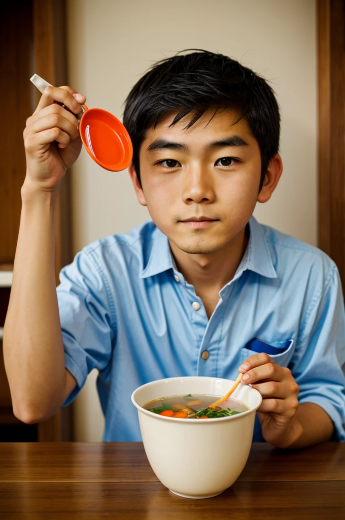 Japanese boy drinking hot chicken soup